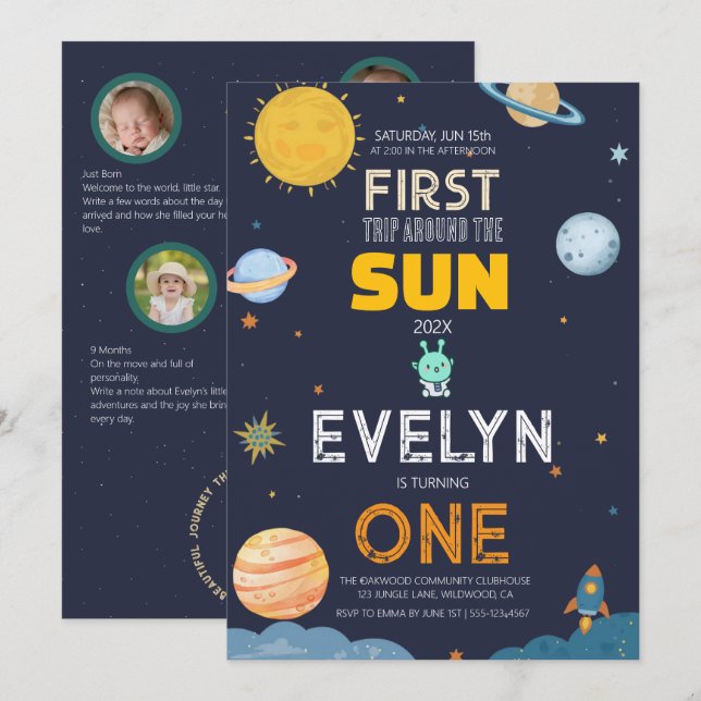 Space First Trip Around Sun Photo Invite (Front/Back)
