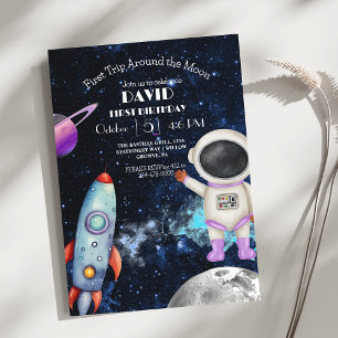 Space First Trip Around the Moon 1st Birthday Invitation