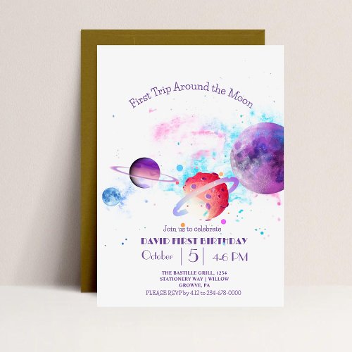 Space First Trip Around the Moon 1st Birthday   Invitation