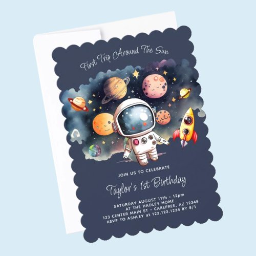 Space First Trip Around The Sun 1st Birthday Invitation