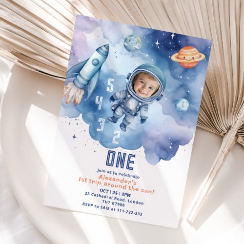 Space First trip around the sun Astronaut Photo Invitation