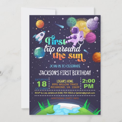 Space First Trip Around the Sun Birthday  Invitation