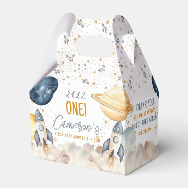 Space First Trip Around The Sun Birthday Party Favor Boxes (Front Side)