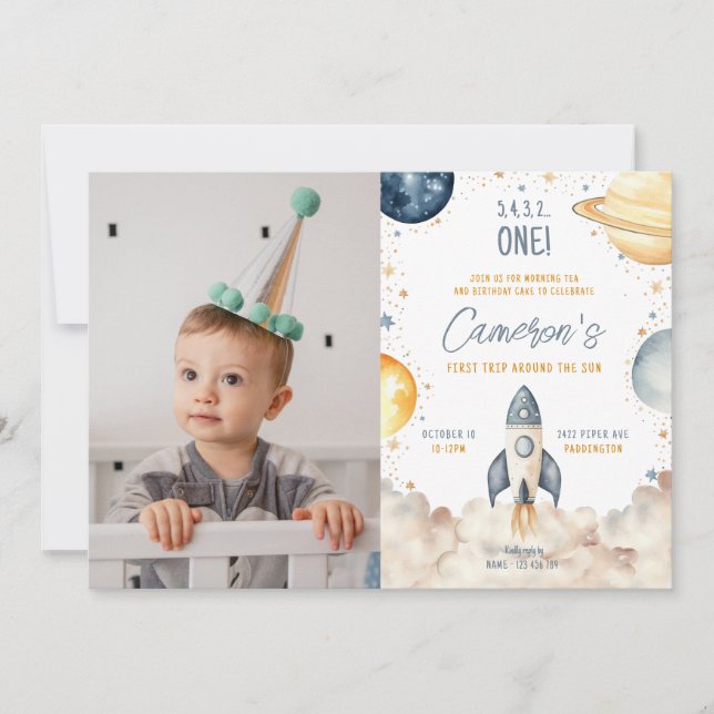 Space First Trip Around The Sun Birthday Party Invitation (Front)