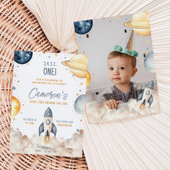 Space First Trip Around The Sun Birthday Party Invitation (First Trip Around The Sun Space First Birthday Invitation )