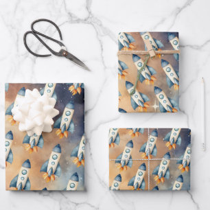 Space First Trip Around The Sun Birthday Rocket Wrapping Paper Sheets