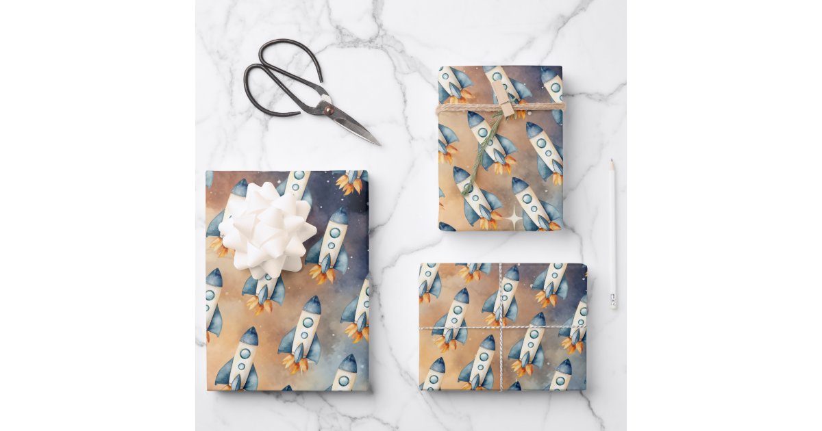 Space First Trip Around The Sun Birthday Rocket Wrapping Paper Sheets ...