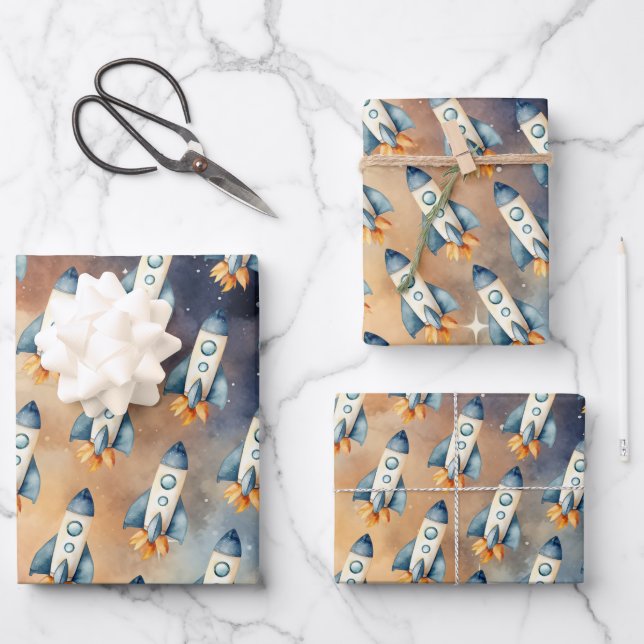 Space First Trip Around The Sun Birthday Rocket Wrapping Paper Sheets (Front)