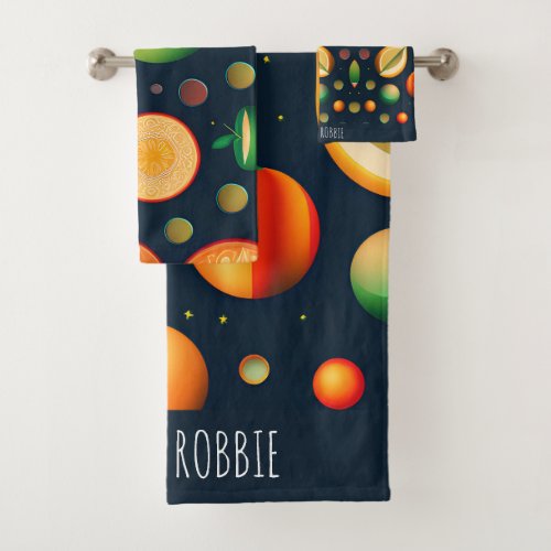 Space Fruits Red Green Isometric Pattern Bath Towel Set