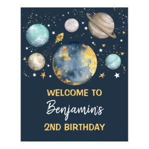 Space Galaxy Birthday Party Navy Gold Welcome Poster