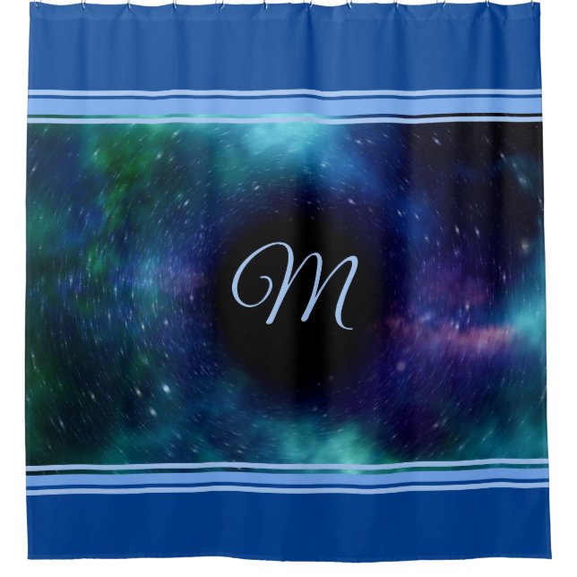 Space Galaxy Black Hole Blue Trim Monogram  Shower Curtain (Front)