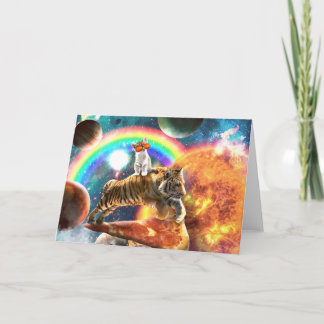 Space Galaxy Cat Riding Tiger on Pizza Card