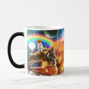 Space Galaxy Cat Riding Tiger on Pizza             Color Morph Mug