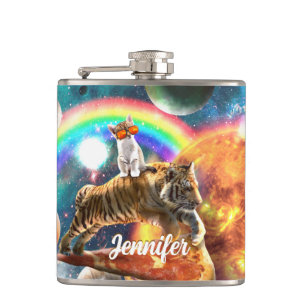 Space Galaxy Cat Riding Tiger on Pizza             Flask