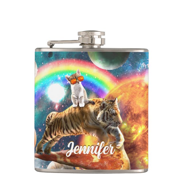 Space Galaxy Cat Riding Tiger on Pizza             Flask (Front)