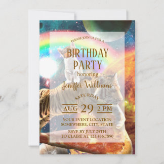Space Galaxy Cat Riding Tiger on Pizza Invitation