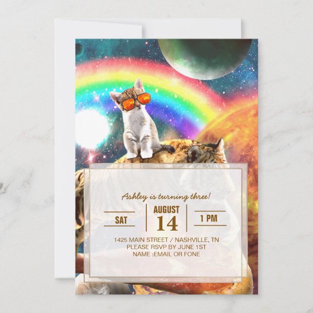 Space Galaxy Cat Riding Tiger on Pizza             Invitation (Front)