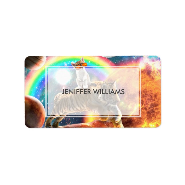 Space Galaxy Cat Riding Tiger on Pizza             Label (Front)