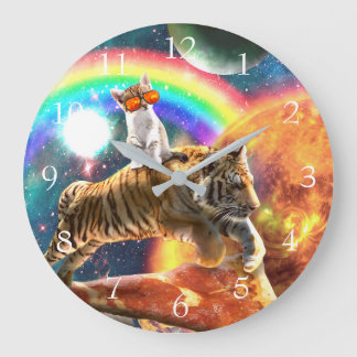 Space Galaxy Cat Riding Tiger on Pizza Large Clock