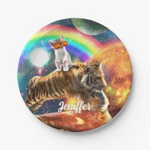 Space Galaxy Cat Riding Tiger on Pizza             Paper Plates