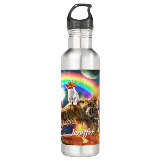 Space Galaxy Cat Riding Tiger on Pizza Stainless Steel Water Bottle