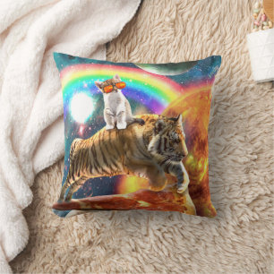 Space Galaxy Cat Riding Tiger on Pizza             Throw Pillow