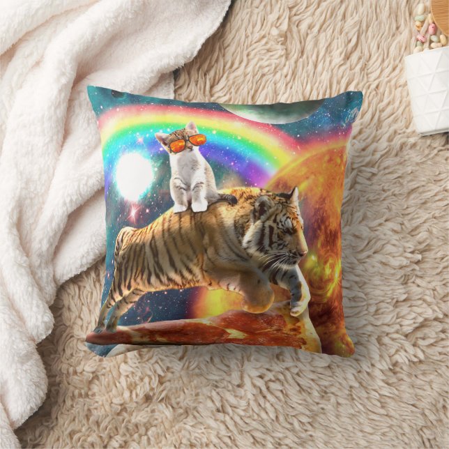 Space Galaxy Cat Riding Tiger on Pizza             Throw Pillow (Blanket)