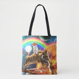 Space Galaxy Cat Riding Tiger on Pizza Tote Bag