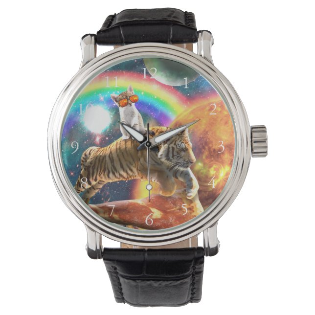 Space Galaxy Cat Riding Tiger on Pizza             Watch (Front)