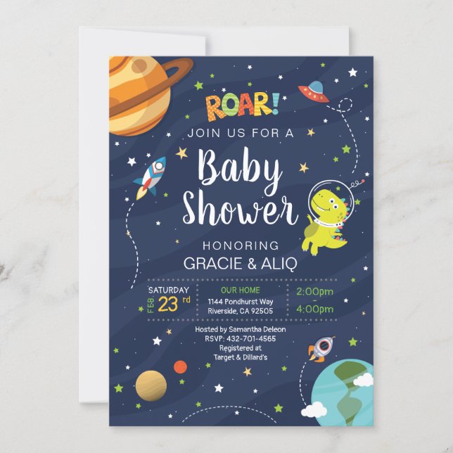 Space Galaxy Dinosaur Baby Astronount BOY Invitation (Front)