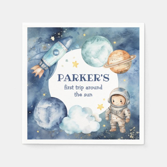Space Galaxy First Trip Around the Sun Birthday Napkins (Front)