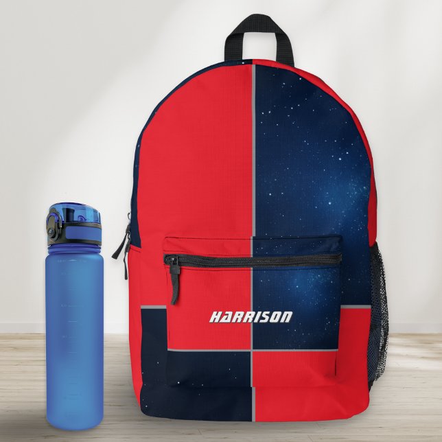 Space Galaxy Geometric Red Navy Blue Personalized Printed Backpack (A stylish personalized backpack with space themed design of block color red and navy blue night sky)
