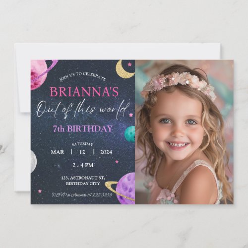 Space Galaxy Girl 3rd 5th 6th 7th 8 Photo Birthday Invitation