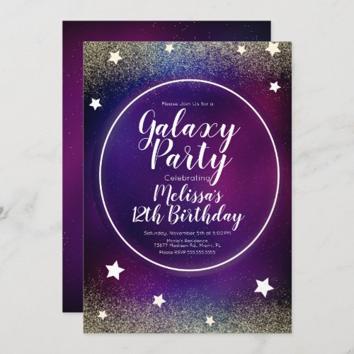 Space Galaxy Nebula Glitter Moon Birthday Purple Invitation