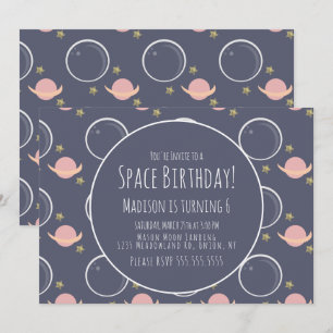 Space Galaxy Pink Moon Foil Stars Birthday Invitation