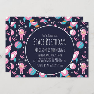 Space Galaxy Pink Princess Astronaut Birthday Invitation