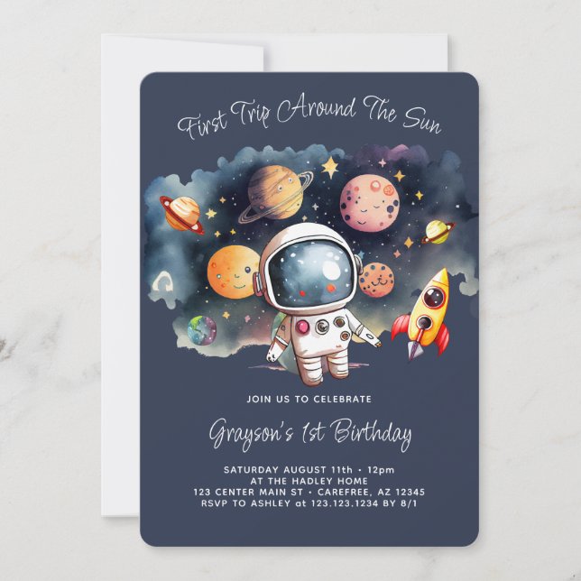 Space Galaxy Planets and Stars 1st Birthday Invitation (Front)