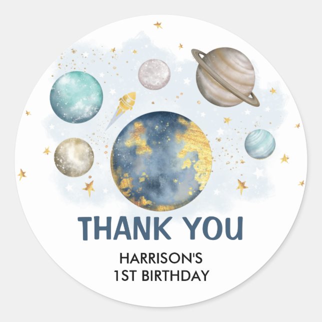 Space Galaxy Planets Moon Stars Baby Boy Birthday  Classic Round Sticker (Front)