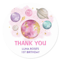 Space Galaxy Planets Moon Stars Baby Girl Birthday Classic Round Sticker