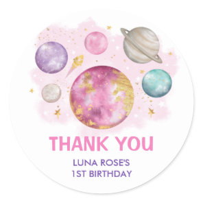 Space Galaxy Planets Moon Stars Baby Girl Birthday Classic Round Sticker