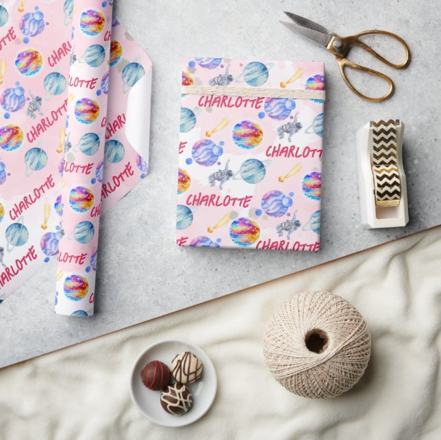 Space Galaxy Planets Moon Stars Baby Girl Birthday Wrapping Paper (Crafts)