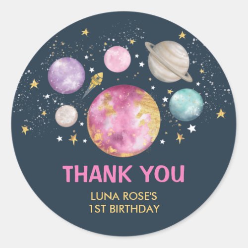 Space Galaxy Planets Moon Stars Navy Pink Gold Classic Round Sticker