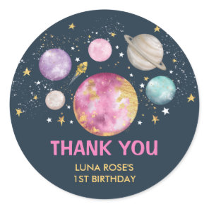 Space Galaxy Planets Moon Stars Navy Pink Gold Classic Round Sticker