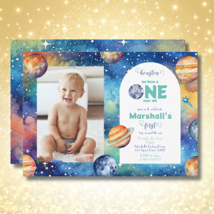 Space Galaxy ✨ Planets Photo First Birthday Invitation