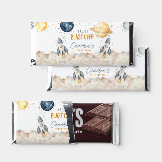 Space Galaxy Rocket Ship Birthday Party Hershey Bar Favors (Front)