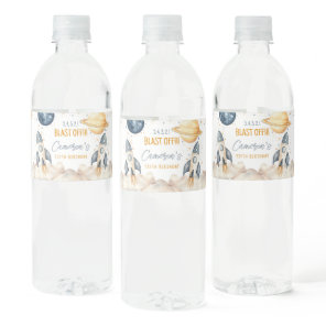 Space Galaxy Rocket Ship Birthday Party Water Bottle Label