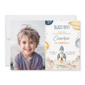 Space Galaxy Rocket Ship Photo Birthday Party Invitation