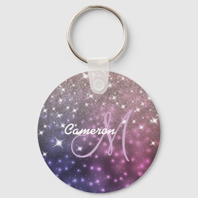 Space Galaxy Rose Gold Glitter Sparkly Monogram Keychain (Front)