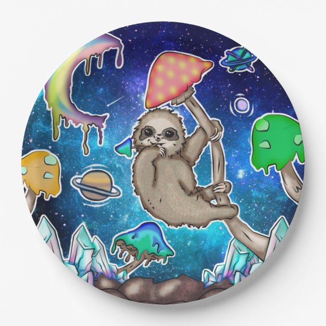 Space Galaxy Sloth Cosmic Mushrooms Weird Crystal Paper Plates (Front)