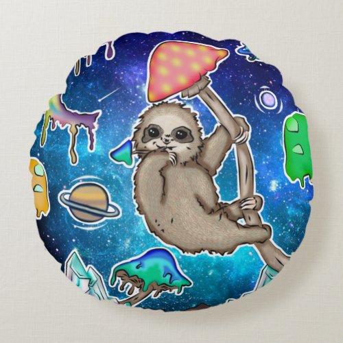 Space Galaxy Sloth Cosmic Mushrooms Weird Crystal Round Pillow